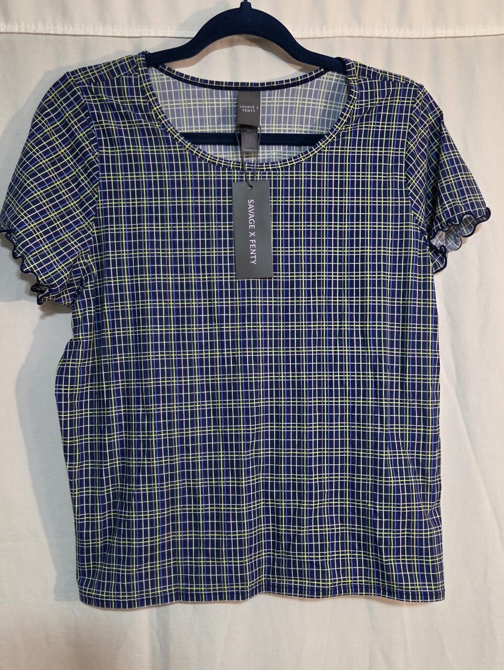 Savage X Fenty Sz XL Navy Plaid Flared Cap Sleeve Top NWT